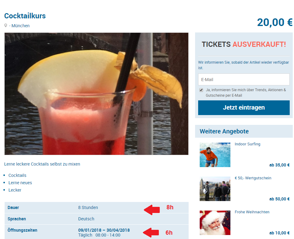 Product page for a cocktail course in Munich displaying price, sold-out status, duration, and opening hours details.