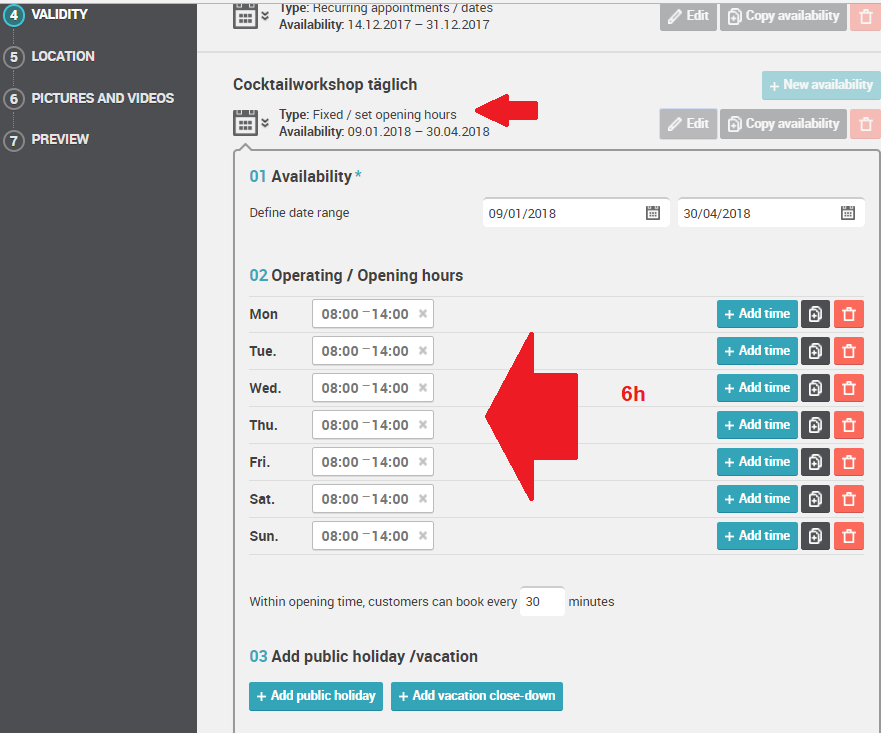 Availability setup for a daily cocktail workshop showing fixed opening hours configuration with defined operating times and date range.