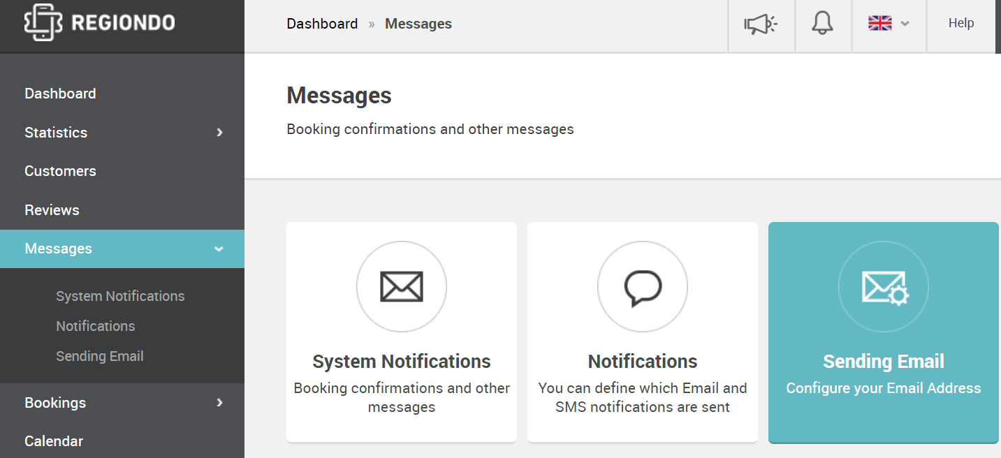 Messages dashboard displaying system notifications, notification settings, and email configuration options.