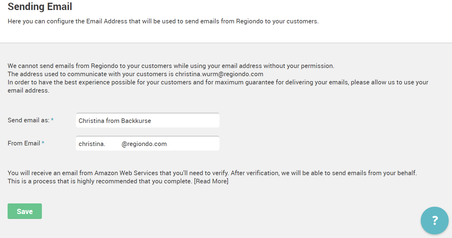 Email configuration form with fields for sender name and email address awaiting verification via Amazon SES.