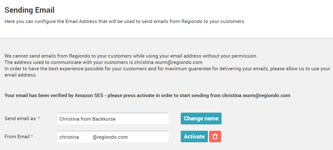 Email configuration screen showing verified sender details with an activate button to enable sending permissions.