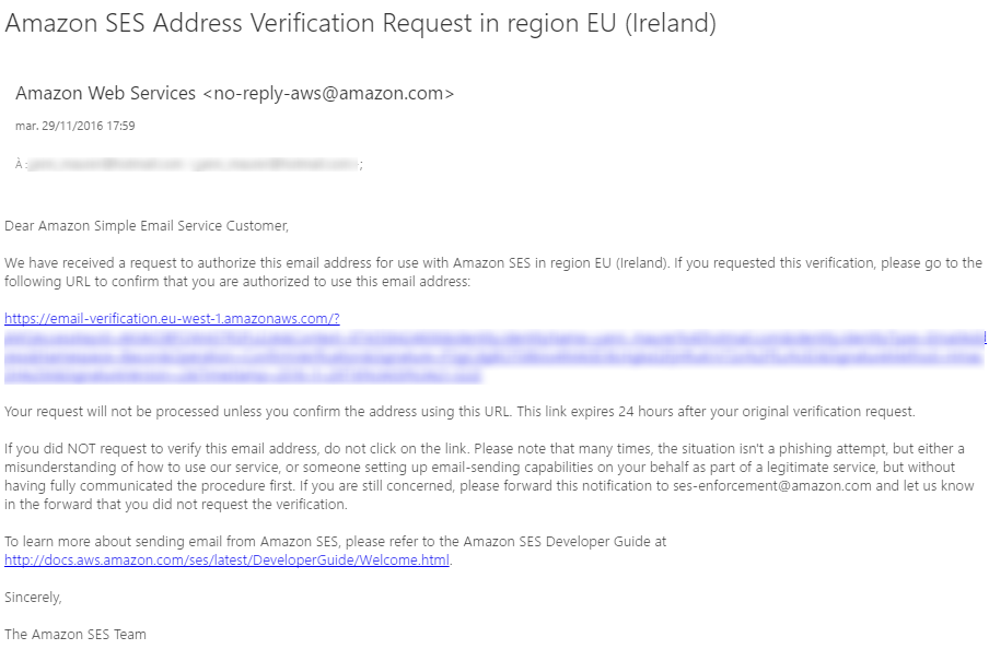 Verification email from Amazon SES requesting confirmation of an address for authorized sending.