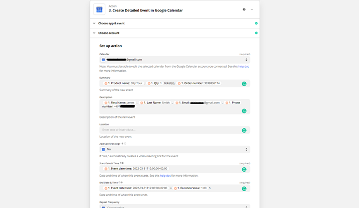 Zapier action setup to create a detailed Google Calendar event with customer and booking details from Regiondo.