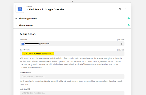 Zapier configuration step for finding an event in Google Calendar based on a Regiondo booking order number.