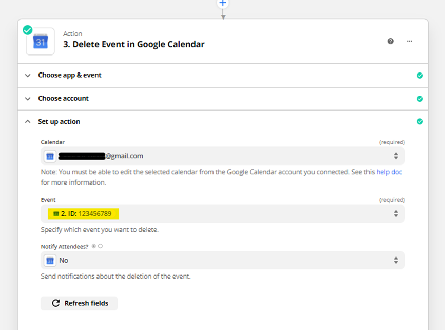 Zapier setup for deleting an event in Google Calendar using an event ID and optional attendee notification setting.