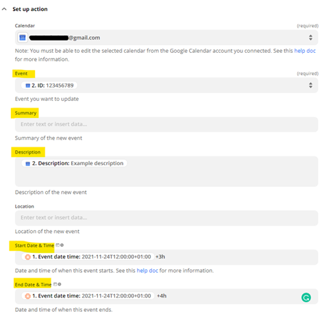 Google Calendar update action configuration in Zapier showing editable fields for event details and timing.
