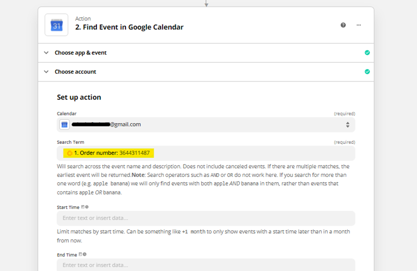 Zapier action setup for finding an event in Google Calendar using an order number as the search term.